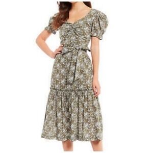 Antonio Melani Floral Midi Dress Womens 14 Olive Green Cotton Peasant Boho NWOT